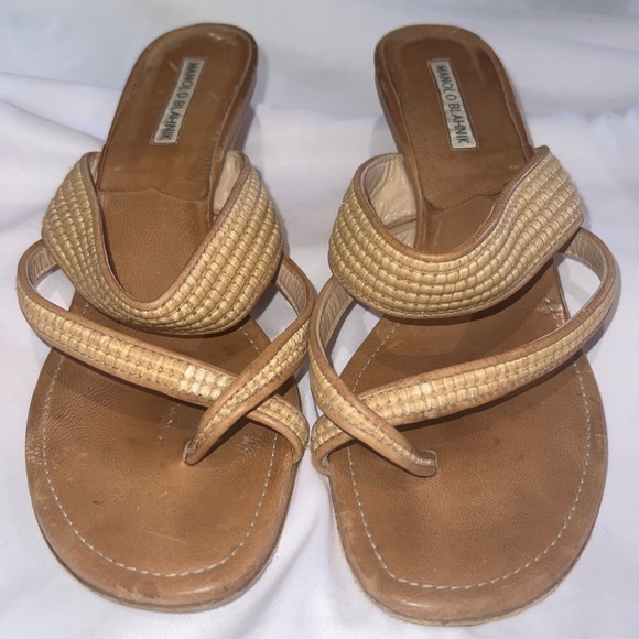 🚫SOLD🚫Manolo Blahniks Raffia Tan Slip On Wedge Vintage Leather Strappy Sandal41 - Picture 7 of 12